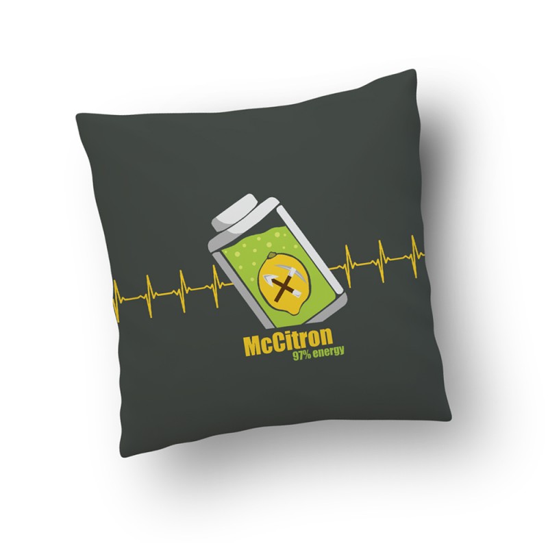 Šedý polštářek McCitron se starou grafikou.